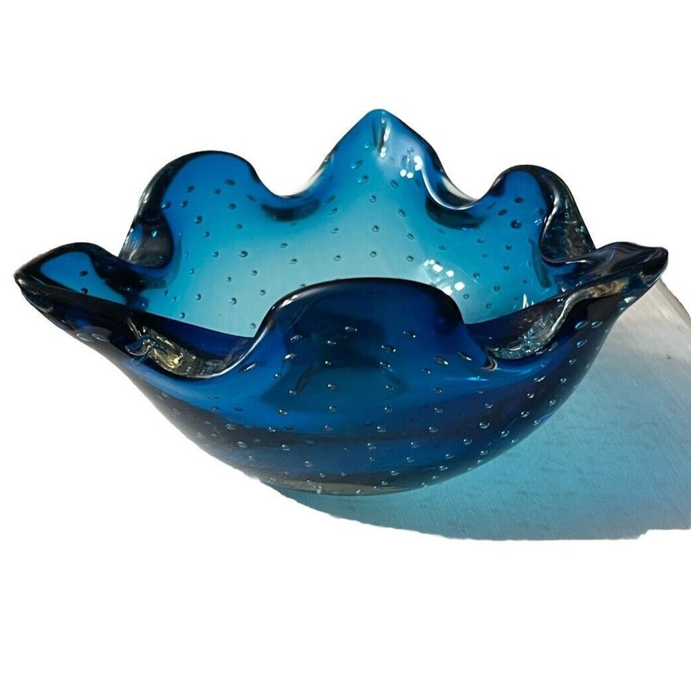 Blue Art Glass Bowl Controlled Bubble Trinket Candy Dish MCM Retro Ashtray - Picture 4 of 7